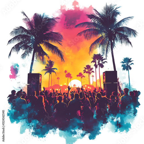 Beach Party with Colorful Lights Music Speakers and Palm Trees Isolated on Transparent Background