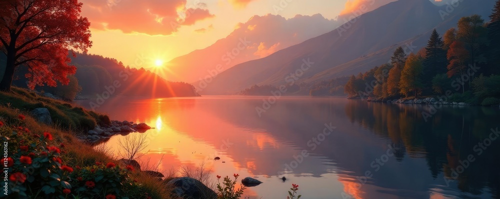 Obraz premium Heater and foliage by peaceful lake in sunset, foliage, lake, peaceful