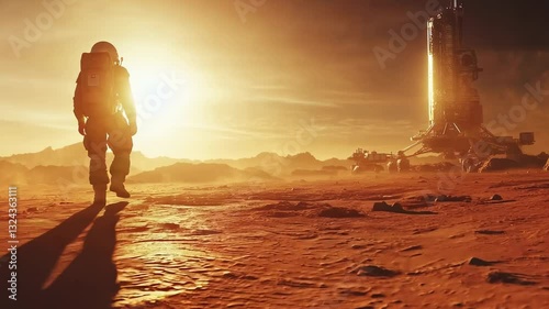 An astronaut in a space suit walking on the rocky red surface of Mars with a spacecraft in the background at sunset.