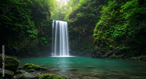 Majestic Waterfall Cascading into Emerald Pool Surrounded by Lush Greenery