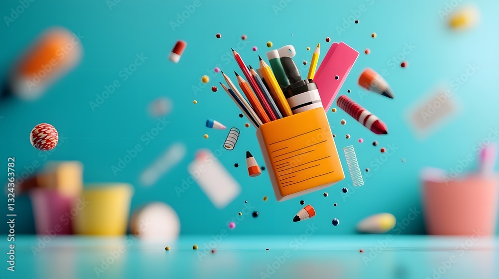 Obraz premium Levitating school supplies and stationery items floating in an ethereal blue pastel backdrop portraying a surreal and whimsical back to school or education concept with a dreamlike