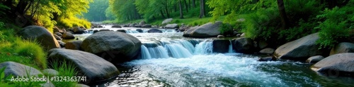 River flows gently over a mountain boulder in summer, summer landscapes, greenery landscape, rivers flowing