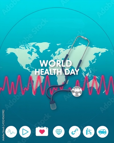 World Health Day medical concept with stethoscope over a global map, symbolizing healthcare awareness, wellness, global medical care, public health, and international medical support.