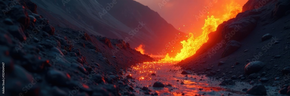 Fototapeta premium Fiery liquid flows down a steep slope of black rock and sand, volcanic ash fall, flowing fire