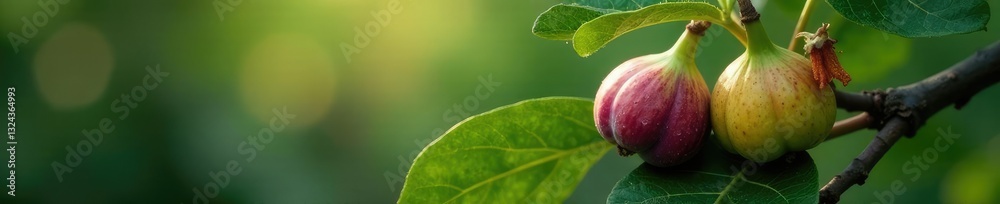 Fototapeta premium Fig on a tree branch with dew-covered leaves and fallen flowers, botanical, foliage