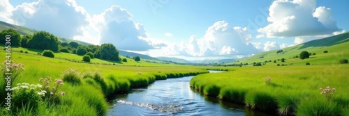 Puffy white clouds float above a winding stream in the countryside, fluffy, airy, serene