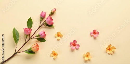 Single branch curved over beige surface with scattered flowers, floral arrangements, minimalist art, scatter