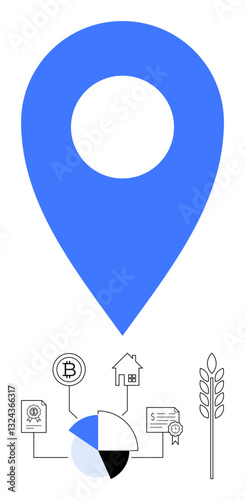 Blue pin overshadowing icons of Bitcoin, house, pie chart, document, certification, wheat interconnected trade, finance, and agriculture. Ideal for finance economy business investment