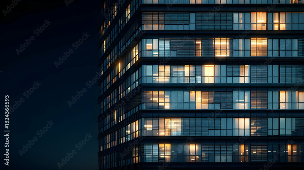 Obraz premium Modern High Rise Building At Night With Illuminated Windows In A City Setting