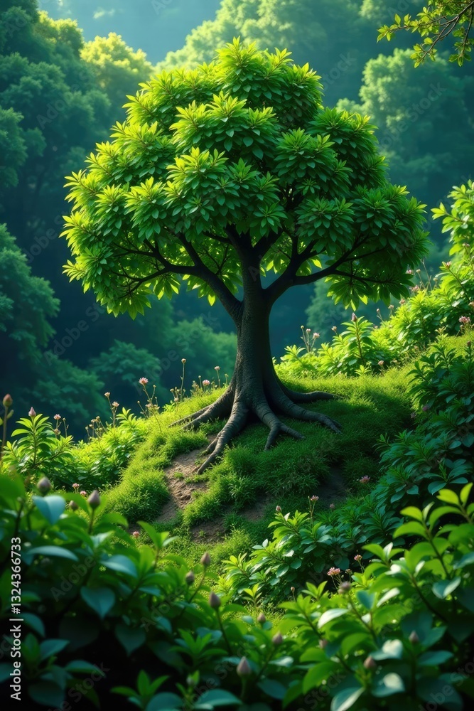 Obraz premium Tree in a dense thicket of overgrown vegetation, solitary, natural