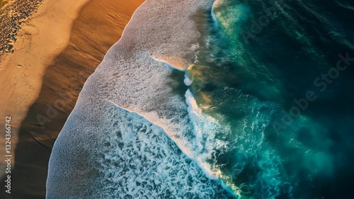 Aerial View of Ocean Waves Crashing on Sandy Beach at Sunset