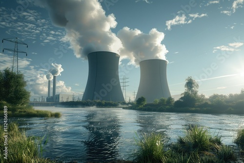 Detailed Color Picture of Nuclear Power Plant by the River with Clear Skies in the Background photo