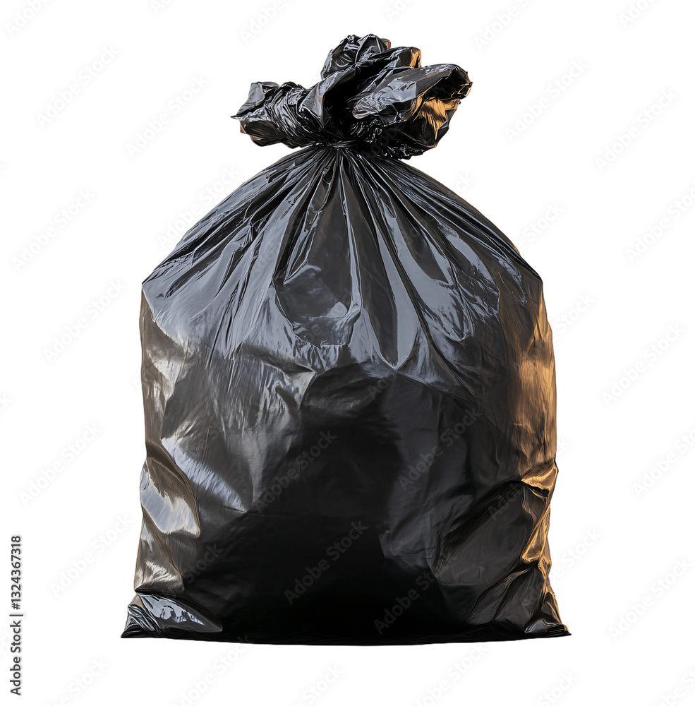 Black garbage bag full of trash, isolated on a transparent background. PNG