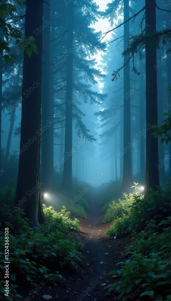 Obraz premium Softly glowing white lights in a misty forest, white lights, serene scenery, ethereal ambiance