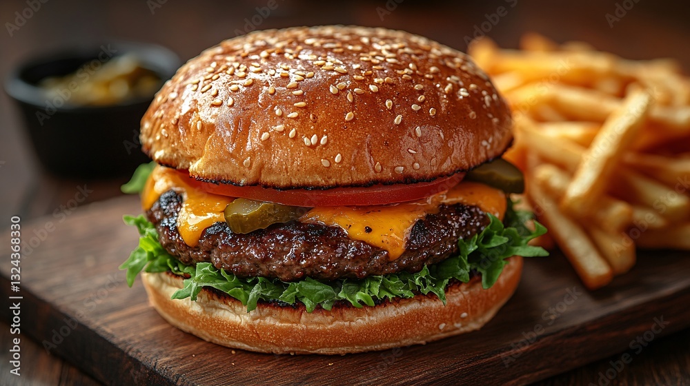 Juicy Cheeseburger with Crispy French Fries on Wooden Board Juicy Cheeseburger with Crispy French Fries on Wooden Board