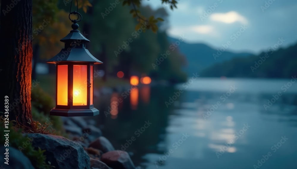 Fototapeta premium Softly lit lantern hovering above a body of water, ambient, soft focus, calm