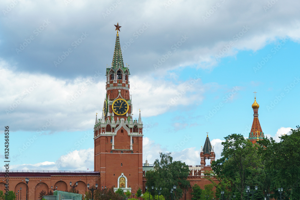 Kremlin Clock on Spasskaya Tower, the main tower of Moscow Kremlin on Red Square. Famous Kremlin chimes are historic clock on the Saviour Tower, main Clock of Russia Kremlin Clock on Spasskaya Tower, the main tower of Moscow Kremlin on Red Square. Famous Kremlin chimes are historic clock on the Saviour Tower, main Clock of Russia