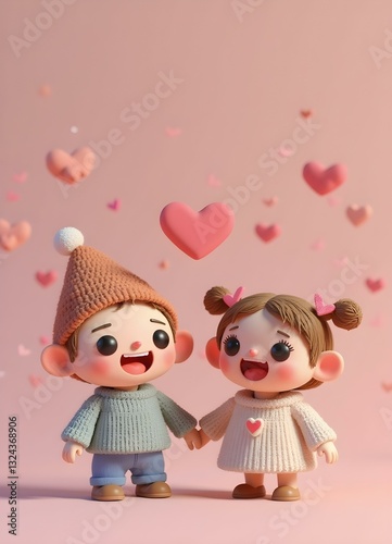 A soft pink background filled with hearts and cheerful faces, with two friends holding hands at the bottom