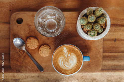 Hot Art Latte Coffee and Glass of Water on the Table, Coffee Shop Background, Warm Tone