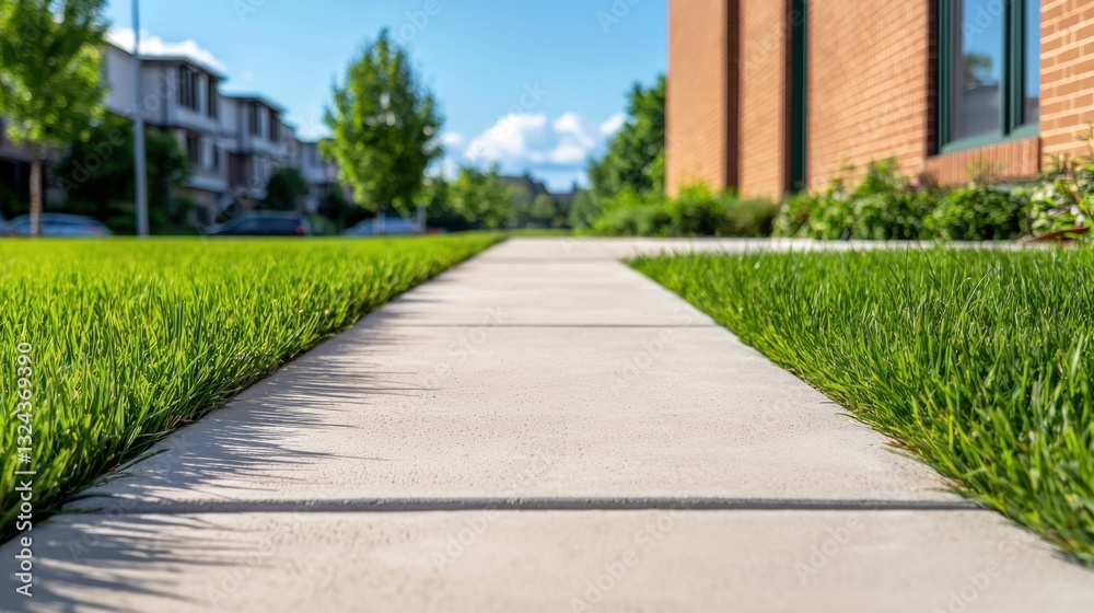 Fototapeta premium Urban Sidewalk Landscape with Fresh Grass and Modern Architecture Under Clear Blue Sky
