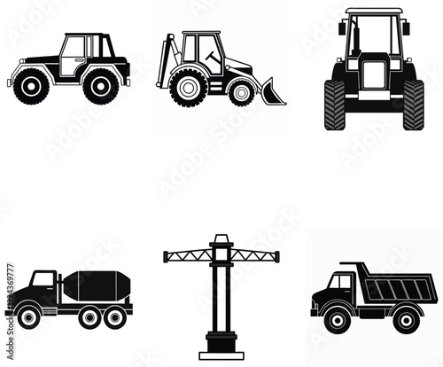 Industrial Equipment Silhouettes Tractors, Cranes, and Excavators