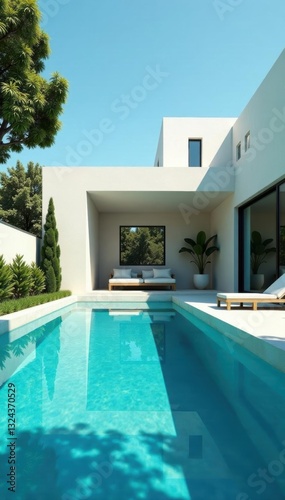 Geometric pool and minimalist house with clean lines, architecture, geometric pool