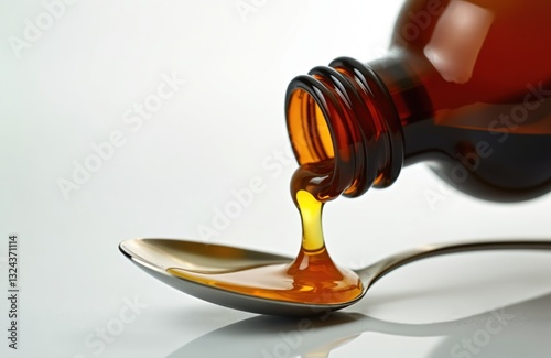Cough syrup pouring into spoon. Amber liquid flowing from bottle. Healthcare remedy to relieve cough, cold, flu. Pharmaceutical product. Syrup medication from sore throat. Treatment from virus