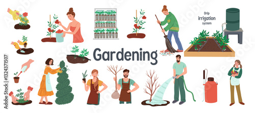 A set of illustrations about gardening. Drip irrigation system, growing vegetables, topiary art and more. Vector illustration
