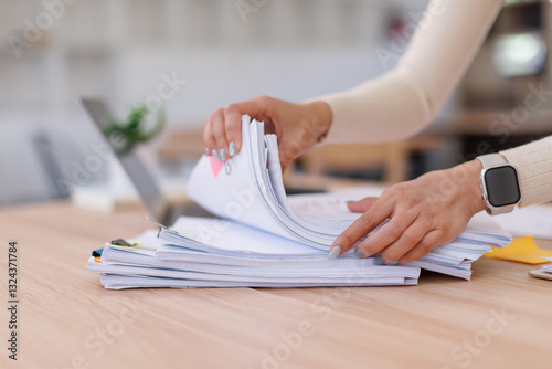 Business Business Documents, woman hands working in Stacks of paper files for searching and checking unfinished document achieves on folders papers
