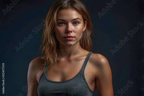 Portrait of a young woman with natural beauty, wearing a fitted tank top. Cinematic studio lighting highlights her glowing skin and soft waves for advetising commercial photo