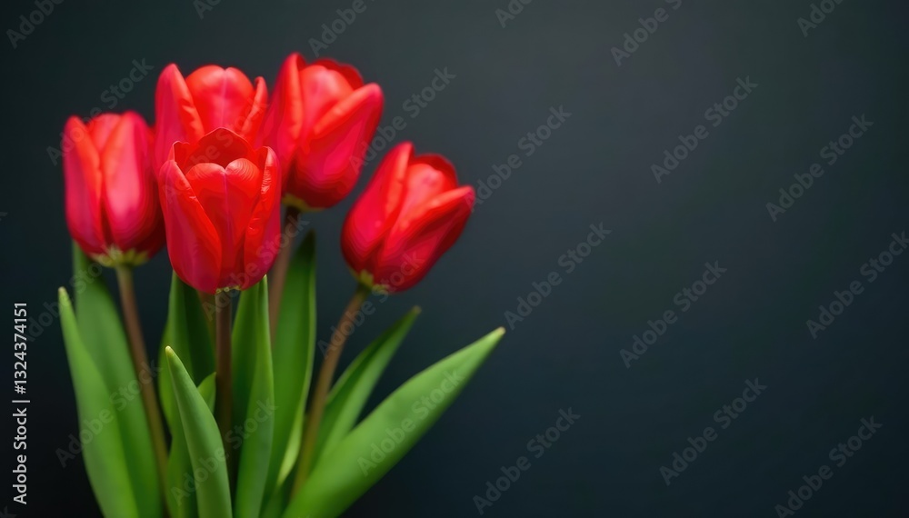 Fototapeta premium Red tulips with slender stems and dark green, pointed leaves, tulip bouquet