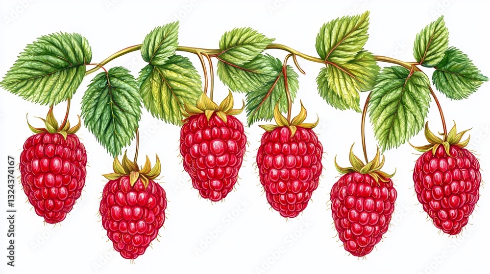 Watercolor Raspberries Branch, White Background, Food Design Watercolor Raspberries Branch, White Background, Food Design