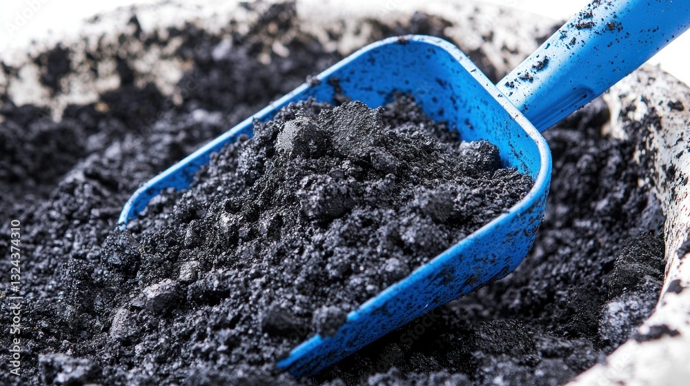 Scoop filled with dark, fine material inside a container; close-up Scoop filled with dark, fine material inside a container; close-up