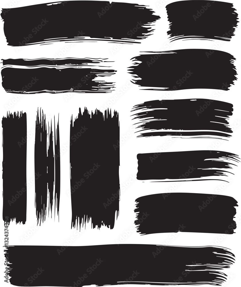 Paint grunge backgrounds, brushstrokes. Black brush strokes, grunge design elements set isolated on a white background. Black oil paint texture, ink swatch, grungy line art