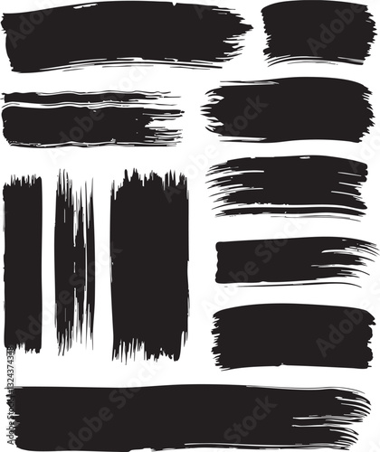 Paint grunge backgrounds, brushstrokes. Black brush strokes, grunge design elements set isolated on a white background. Black oil paint texture, ink swatch, grungy line art