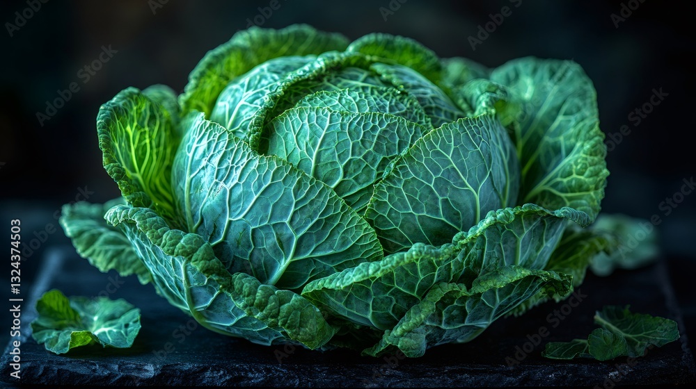 Obraz premium Fresh savoy cabbage sitting on dark surface