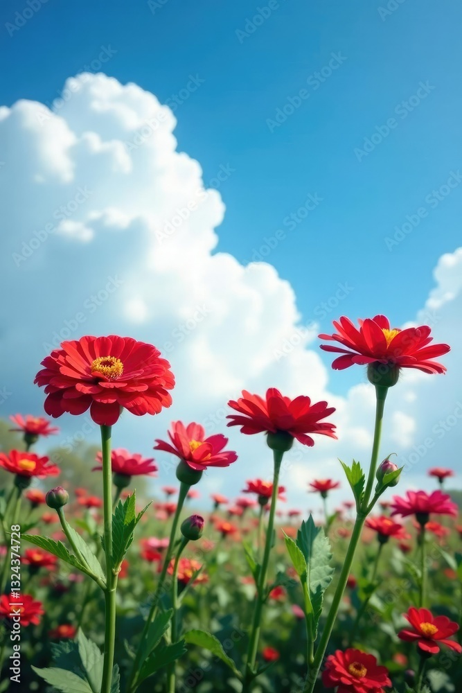 Red zinnia flowers against a blue sky with fluffy white clouds, clear blue sky, Red zinnia flowers against a blue sky with fluffy white clouds, clear blue sky,
