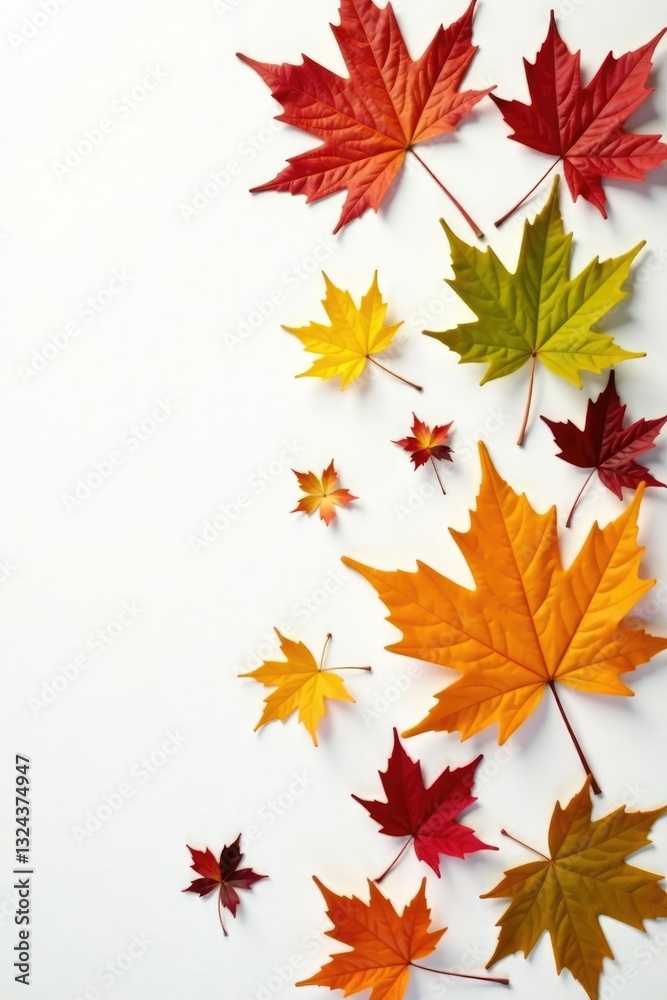 colorful leaves scattered on a white background, botanical still life, flower and leaf, autumn colors colorful leaves scattered on a white background, botanical still life, flower and leaf, autumn colors