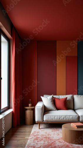 Stylish living room with vibrant acoustical wall panels.