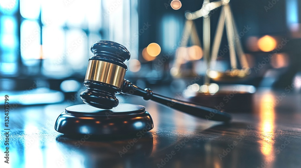 Obraz premium Courtroom justice symbolized by gavel and scales of law in a modern legal environment