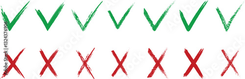 Check mark cross sign in grunge style. Yes and no symbol. Dirty hand drawn brush strokes.