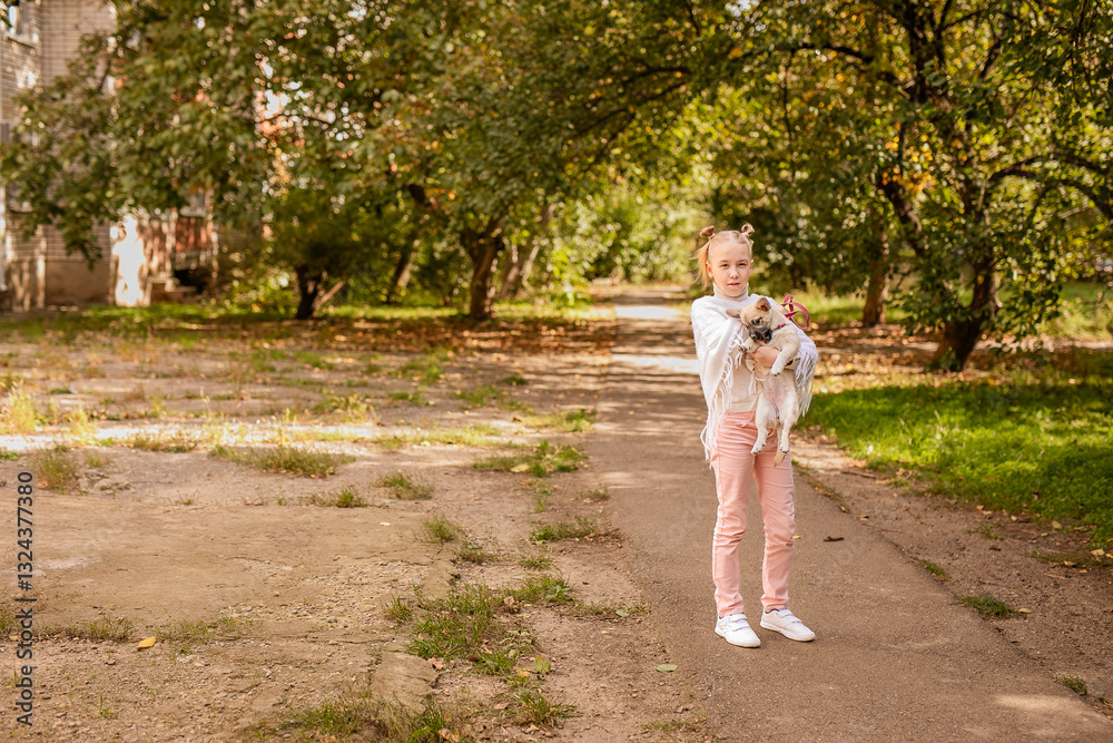 Fototapeta premium Blonde girl in a white poncho holding a small dog in a warm, sunny, old park
