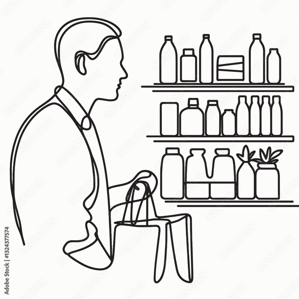 Fototapeta premium Minimalistic One Line Art of a Shopper with Grocery Items on Shelves