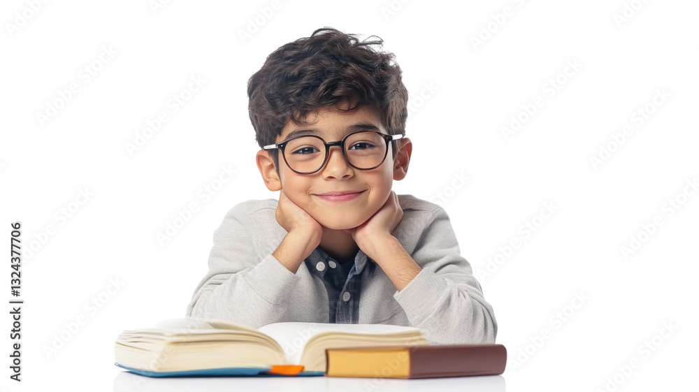 Smart young student smiling at desk with open book on transparent background Smart young student smiling at desk with open book on transparent background