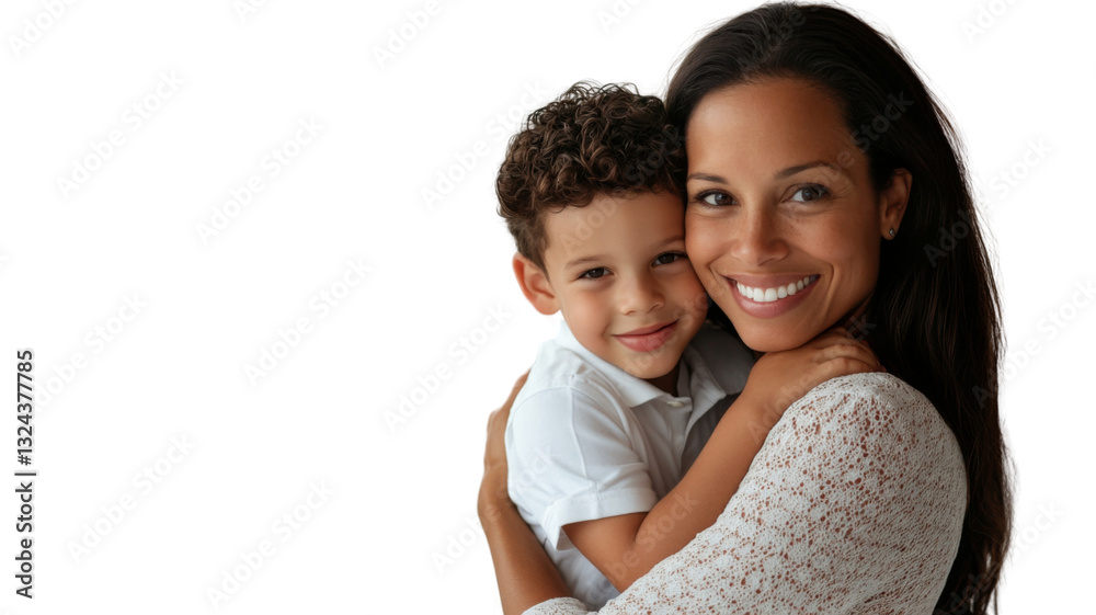 Mother and son embracing, smiling, on a transparent background Mother and son embracing, smiling, on a transparent background
