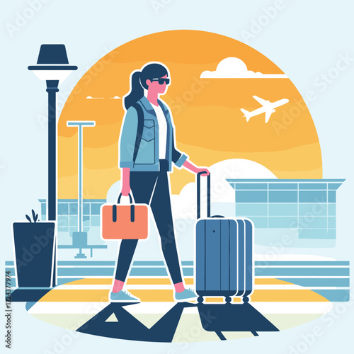 Modern Traveler with Luggage at Airport During Sunset - Flat Illustration