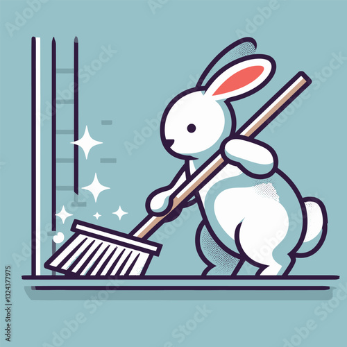 Cute Bunny Sweeping Floor Cartoon Illustration in Modern Flat Art Style