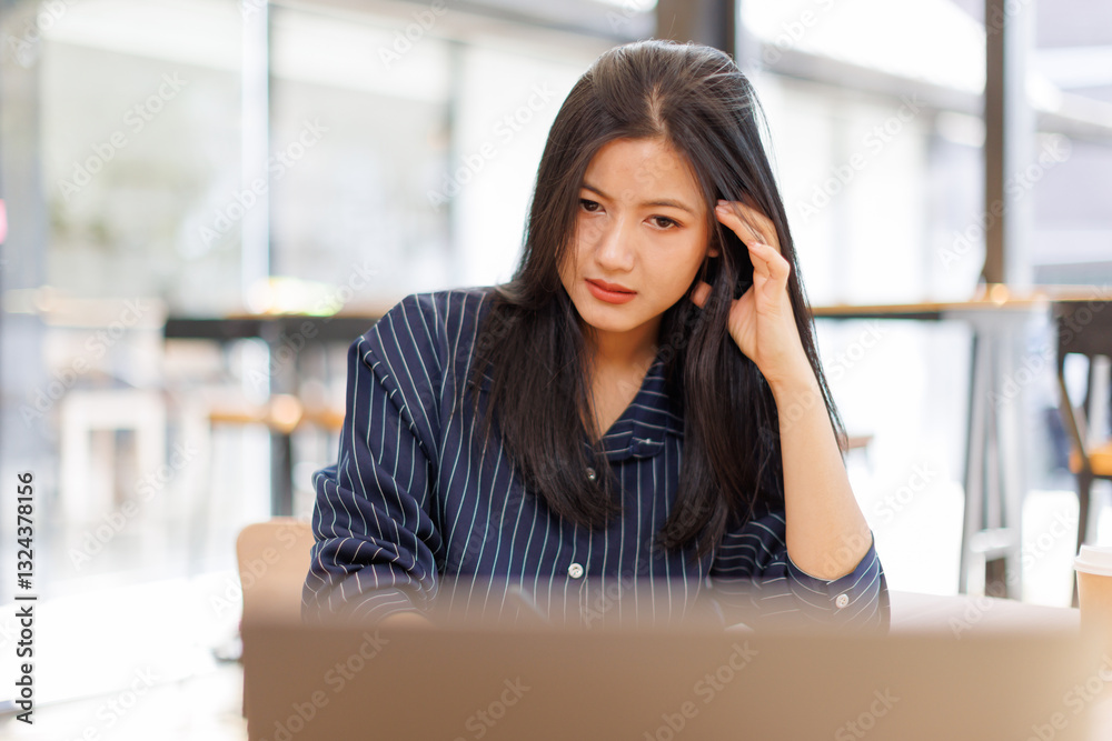 Fototapeta premium Portrait of tired young business Asian woman work with documents tax laptop computer in office. Sad, unhappy, Worried, Depression, or employee life stress concept
