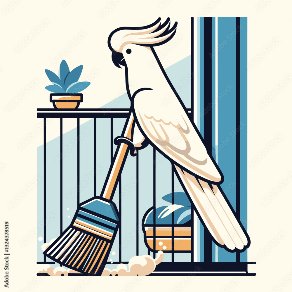 Fototapeta premium Cockatoo Cleaning a Balcony with Broom - Charming Flat Illustration in Subtle Tones
