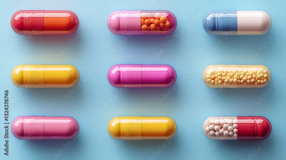 Colorful pills and capsules cast shadows on a light blue background, creating a visually appealing pattern related to medicine and healthcare. Colorful pills and capsules cast shadows on a light blue background, creating a visually appealing pattern related to medicine and healthcare.